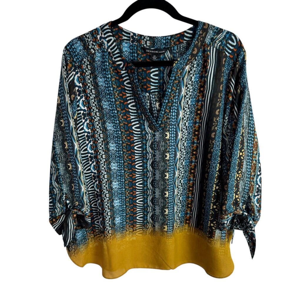 Zac & Rachel Women's Top Blouse Size 2X Blue Print 3/4 Tie Sleeves